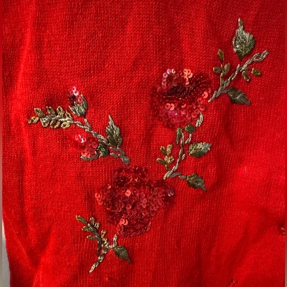 Sequin Beaded Embroidered Rose Red Cardigan Sweater Grannycore VTG Valentines Da - Picture 9 of 15
